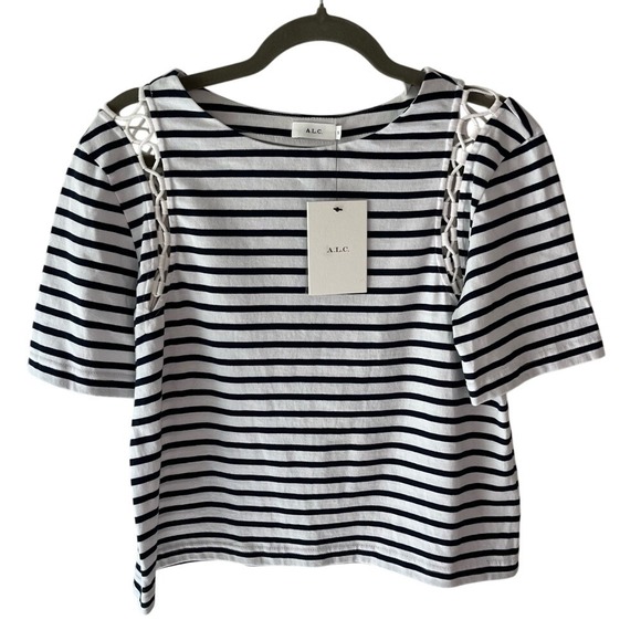 NWT A.L.C. Striped Cropped Tee Shirt‎ Cotton Size S - Picture 1 of 5
